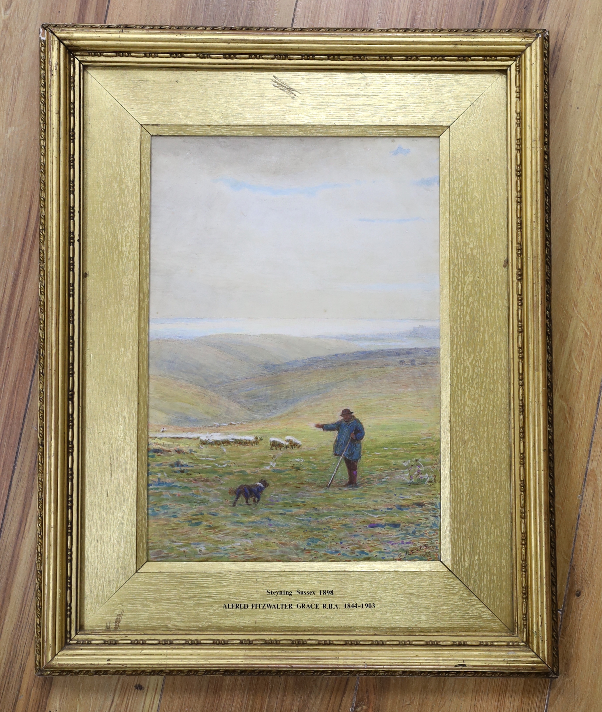 Alfred Fitzwalter Grace RBA (1844-1903), heightened watercolour, Shepherd and sheep, signed and dated 1898, 35 x 24cm